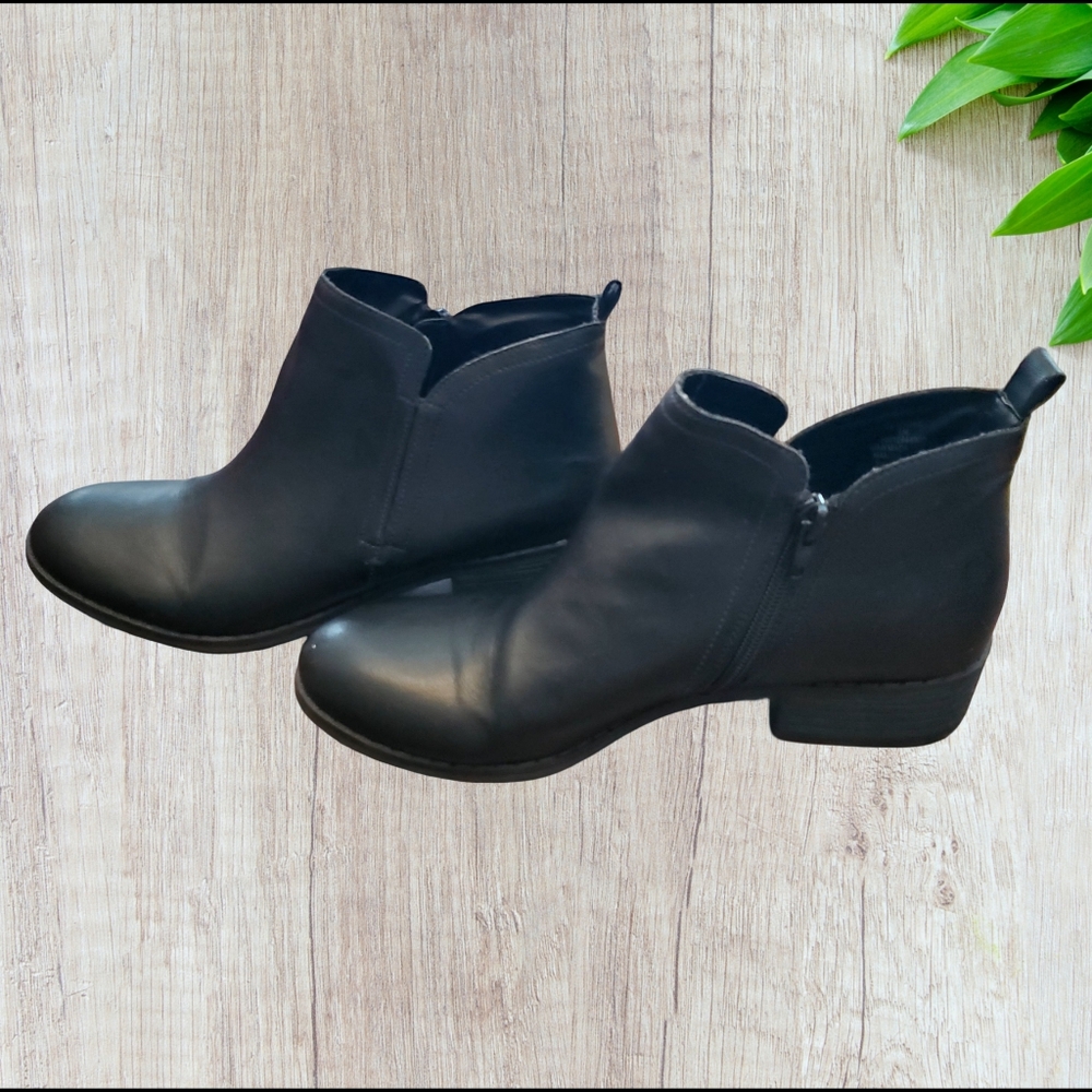 Sun + Stone Black Side Zip Low Heel Ankle Boots